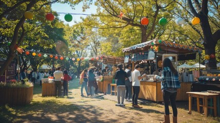Outdoor food market with colorful lanterns and bustling crowd.