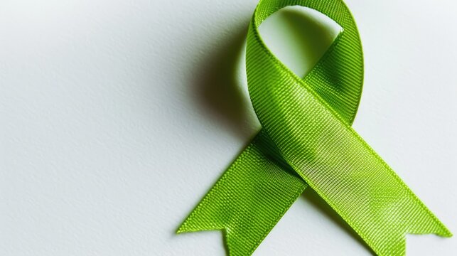 Green awareness ribbon isolated on white background. Symbol of mental health, kidney donation