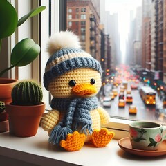 Sweet yarn amigurumi duckling in scarf and winter hat on windowsill with plants