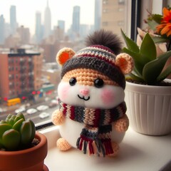 Adorable amigurumi hamster in scarf and hat on windowsill with plants
