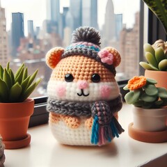 Adorable amigurumi hamster in winter attire on windowsill surrounded by plants