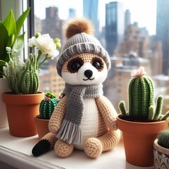 Meerkat amigurumi in winter attire on windowsill surrounded by plants