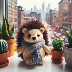Crocheted hedgehog in scarf and hat on window surrounded by plants