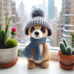 Adorable meerkat crochet toy in hat and scarf on windowsill surrounded by plants