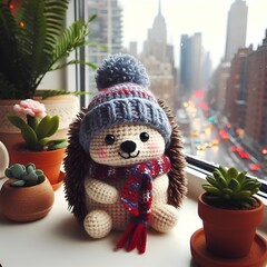Adorable hedgehog in crochet attire on windowsill amidst green plants