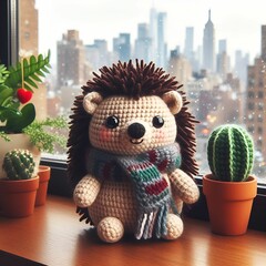 Hedgehog in scarf and hat on windowsill with plants
