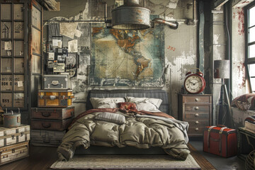 A cozy industrial-themed bedroom featuring a bed and an eclectic array of vintage items and décor. Generative AI.