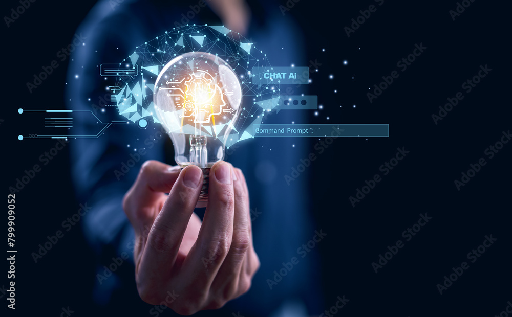 Poster artificial intelligence (ai) with light bulb concept, light bulb global internet connection with bus