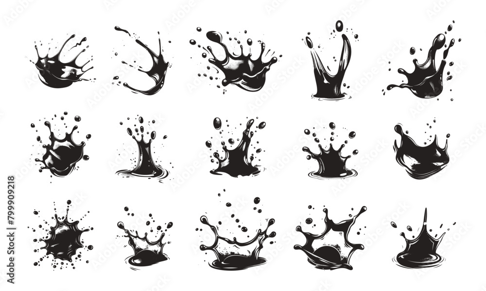 Poster ink drops and splashes engraved icons vector set on white background. black plash etching abstract a