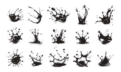 Ink Drops and Splashes engraved Icons Vector Set on White Background. Black plash Etching Abstract Artistic Design Elements for Graphic Projects and Creativity - obrazy, fototapety, plakaty