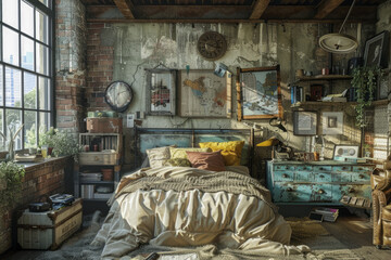 A bedroom in an industrial style featuring raw materials like metal and brick, complemented by vintage clocks and artwork, creating a modern yet rugged look. Generative AI.