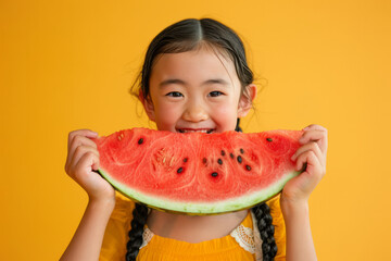 A happy young girl eating a large slice of watermelon in summer