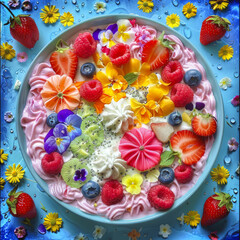 A no-bake summer dream is a delicious summer treat: a pie with a creamy vanilla filling and lots of juicy berries. Generative AI.