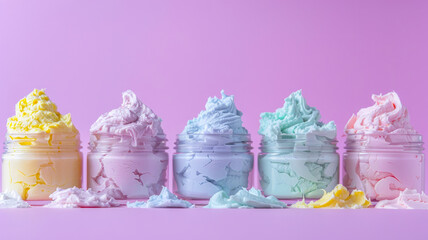 Five transparent glass jars filled to the brim with multi-colored creams stand on a pink background. Generative AI.