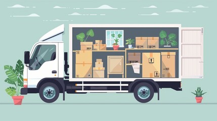 Illustration of a partially open moving truck loaded with boxes and house plants.
