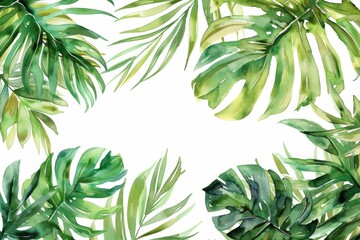 Watercolor tropical leaves frame on a white background