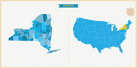 A Map highlighting New York in the USA Map, New York and USA modern map with Colorful Hi detailed Vector, geographical borders