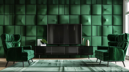 Emerald green 3D wall, black TV cabinet, green velvet chairs.