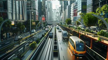 Fototapeta premium a driverless city where autonomous vehicles navigate seamlessly through traffic, reducing accidents and congestion while optimizing transportation efficiency.