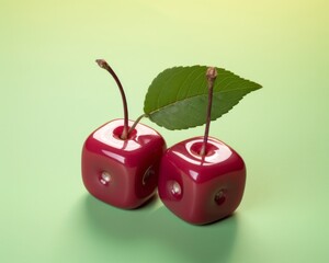 Cherries in the form of a dice isolated on a green background.