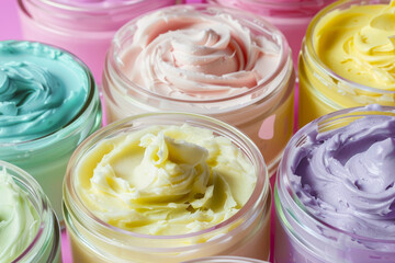 Open jars with colorful cream. Concept of cosmetics, skincare. Generative AI.