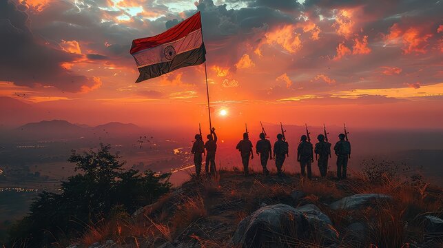 A powerful image of soldiers' silhouettes saluting at dawn or dusk, framed by the india flag, commemorating significant indian patriotic holidays india independence day.