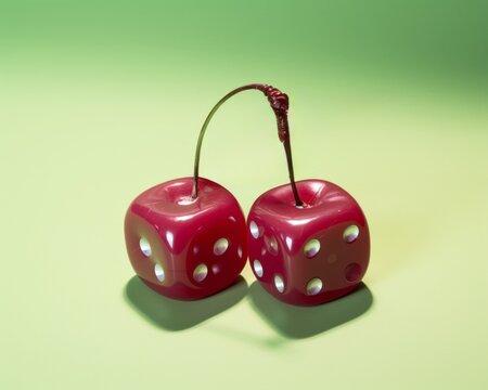 Cherries in the form of a dice isolated on a green background.