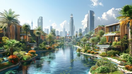 Obraz premium Eco-friendly building. Public park and high-rise buildings cityscape in metropolis city center. Generative AI
