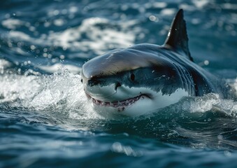 Fototapeta premium Majestic Great White Shark Emerging from Ocean Waves Close-Up