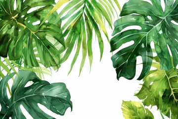 Obraz premium Watercolor tropical leaves frame on a white background