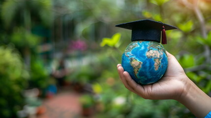 A hand holding a globe with a graduation hat on it