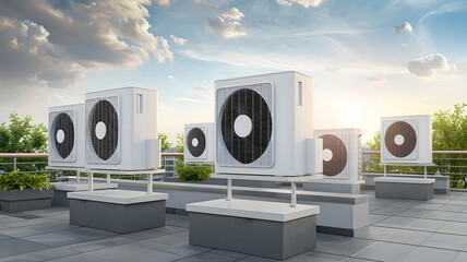 Multiple air conditioner condensers on top of a buildings roof