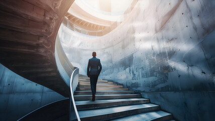 Man walking up on modern and futuristic stairs