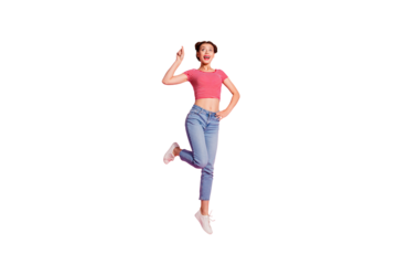 Full length body size photo beautiful she her lady jump high recommend buy buyer new product show look empty space wear casual jeans denim striped red white t-shirt sit floor isolated pink background