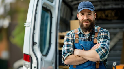 A repairman standing in front of his van