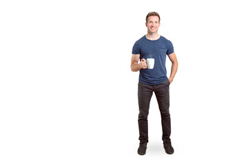 Full Length Portrait of a Smiling Man with a Coffee Mug Isolated on Transparent Background