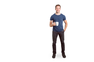 Full Length Portrait of a Smiling Man with a Coffee Mug Isolated on Transparent Background