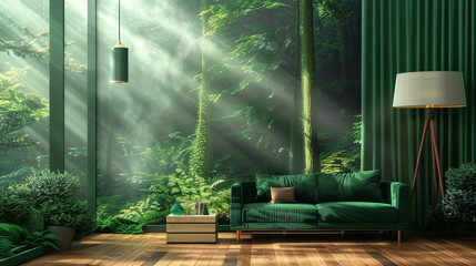 Forest scene poster with mist and green tones, blends with a green couch and wooden floor.
