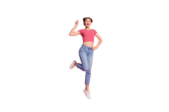 Full length body size photo beautiful she her lady jump high recommend buy buyer new product show look empty space wear casual jeans denim striped red white t-shirt sit floor isolated pink background