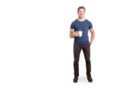 Full Length Portrait of a Smiling Man with a Coffee Mug Isolated on Transparent Background