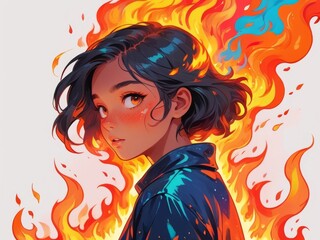 illustration Girl burning fire Intensity, Girl Aflame with Purpose, Girl's Spirit Passion, fire flames, fire aura of girl, anime fire girl, girl fire power, fire flames around girl, fire girl anime