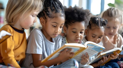 Group of multiethnic children reading a book together at school