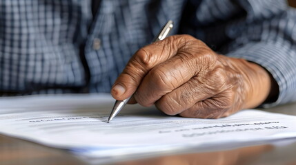 Closeup of old male man signing documents
