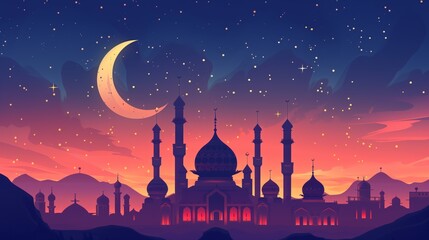 Vibrant illustration of a mosque with domes and minarets against a twilight sky with stars and a crescent moon.