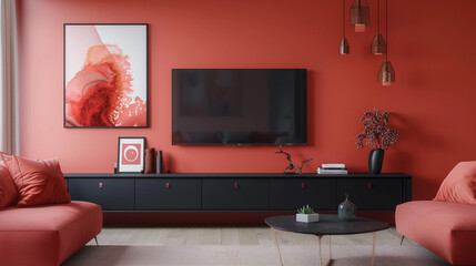 Coral 3D background, black media stand, minimalist coral accessories.