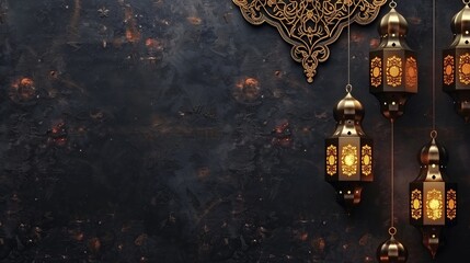Elegant Islamic lanterns hanging against a dark textured background with ornate gold patterns.