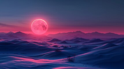 Majestic pink moon over tranquil desert landscape.