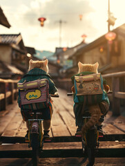 two cats on tiny bicycles on their way to school