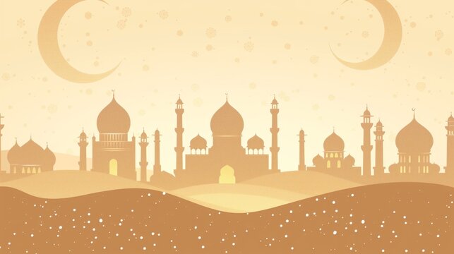 Silhouette of a Middle Eastern cityscape featuring mosques with elaborate domes and minarets, set against a golden sky with crescent moons.