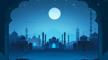 Stylized illustration of a tranquil night scene with mosques and a large moon, framed by an intricate arch.